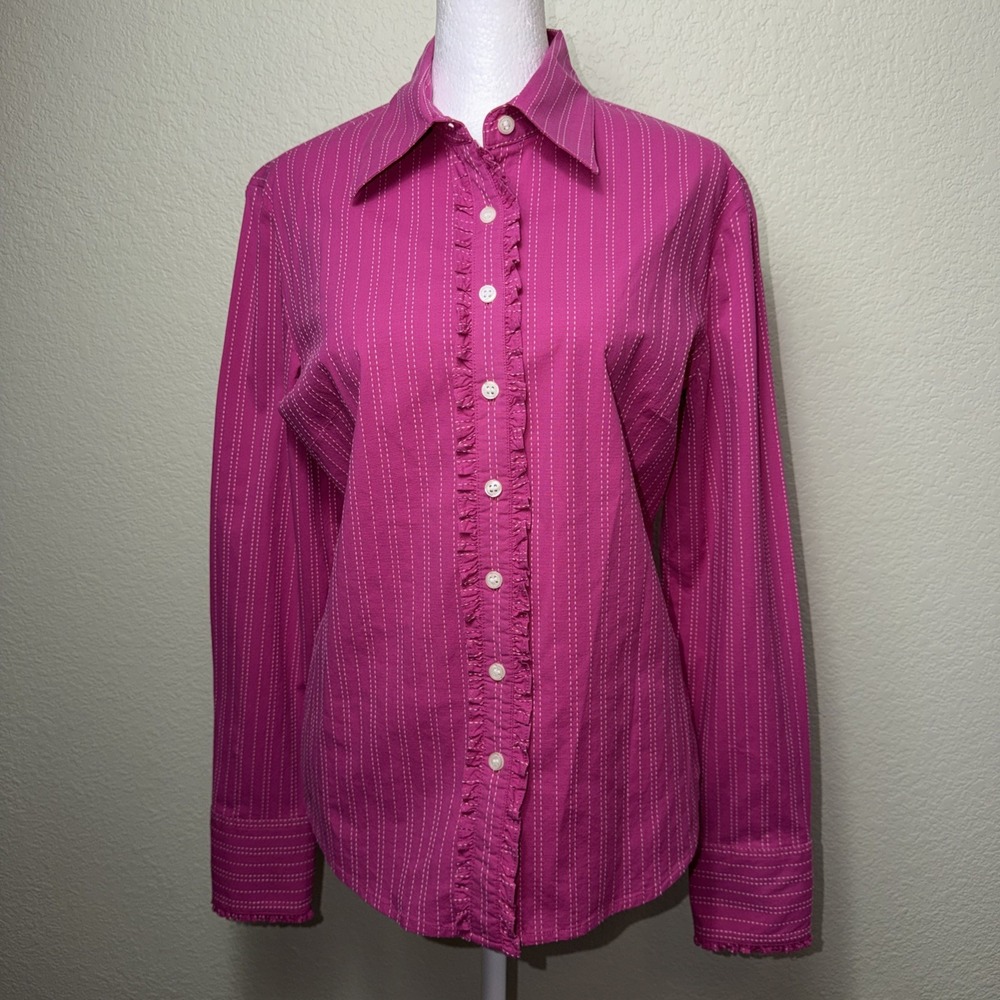 Vintage Lilly Pulitzer Blouse 8 Pink Pinstripe 90s Ruffle Trim Button Down Top